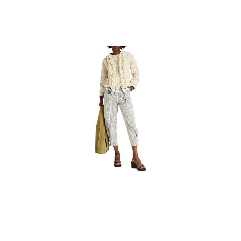 TORY BURCH Woman’s Cable Fringe Trimmed‎ Andean Highland Wool Sweater Ivory SZ S